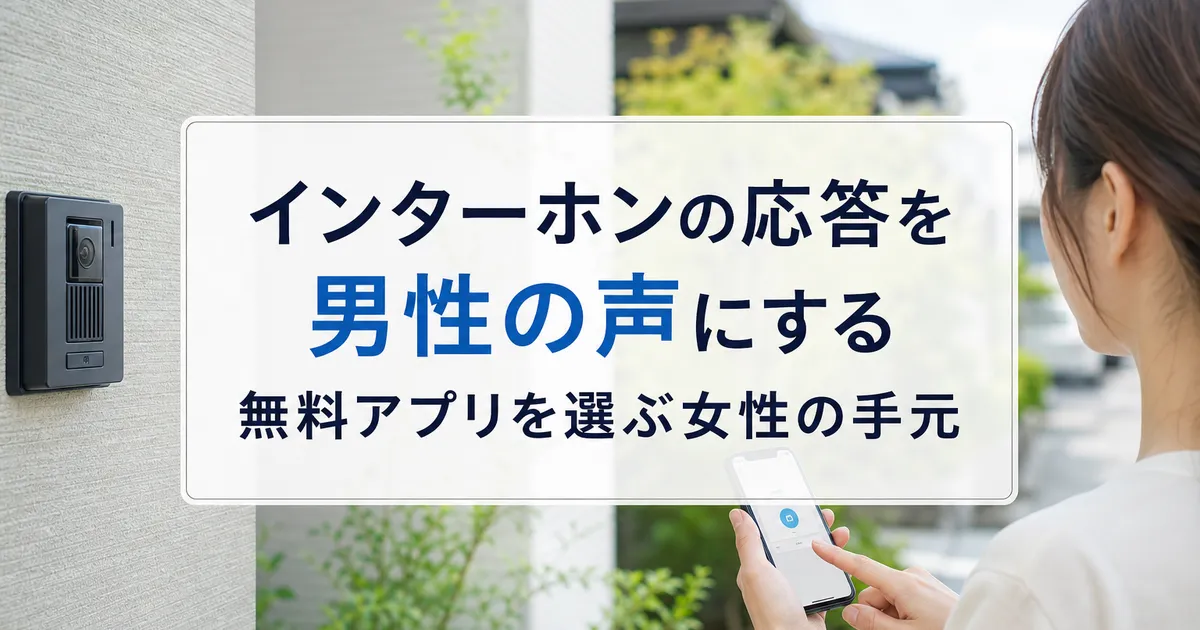 インターホンの応答を男性の声にする無料アプリを選ぶ女性の手元